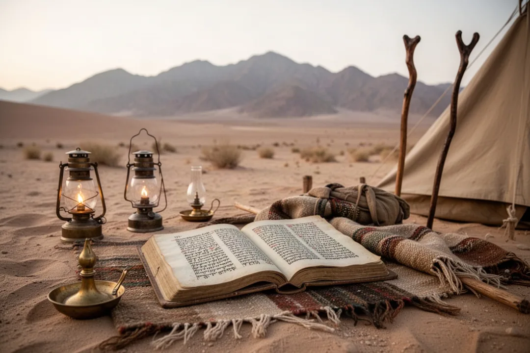 Ancient manuscript and wilderness campsite representing the Pentateuch
