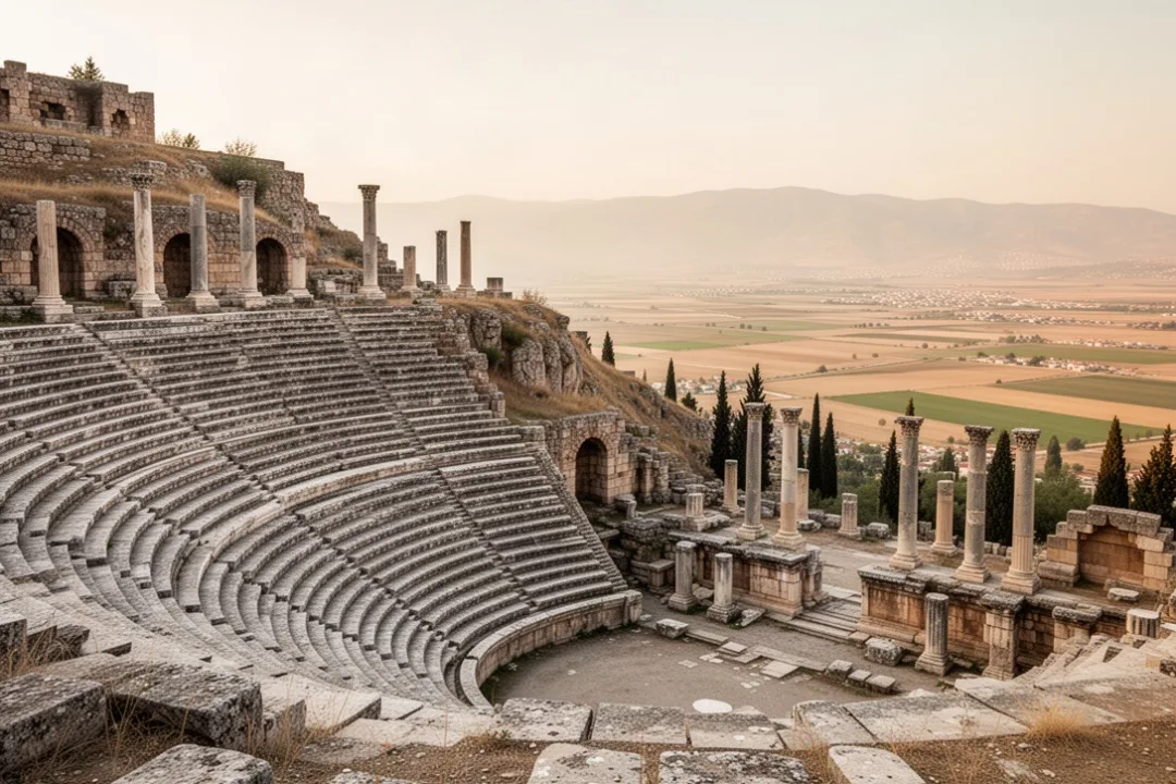 Ancient Pergamum acropolis and theater above the Turkish countryside