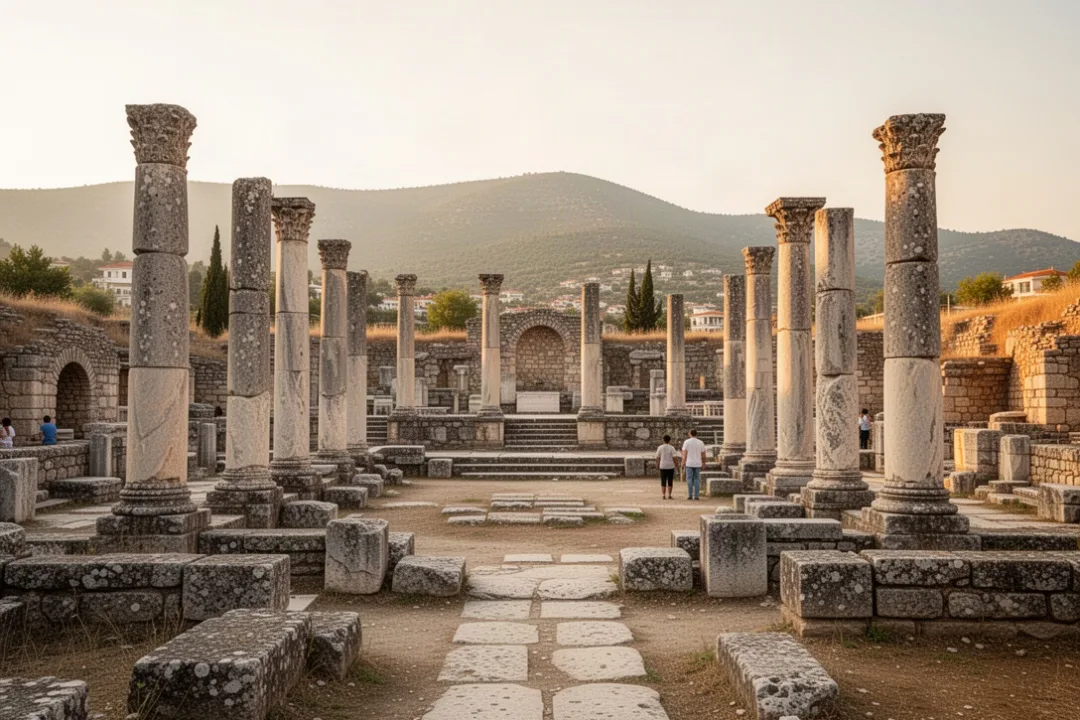 Ancient Philippi ruins with Roman forum and surrounding Macedonian hills