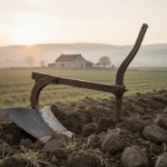Metal plowshare beside freshly turned soil in a rural field