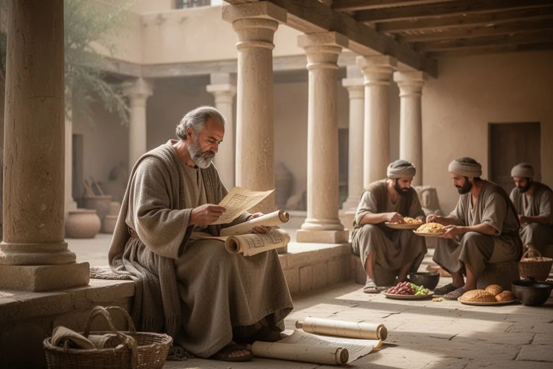 Ancient teacher reflecting on wisdom, work, and daily life