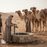 Rebekah drawing water for a traveler and his camels