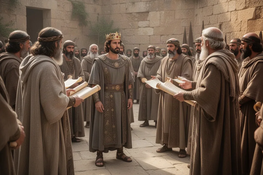 Rehoboam hearing the tribes’ request at Shechem