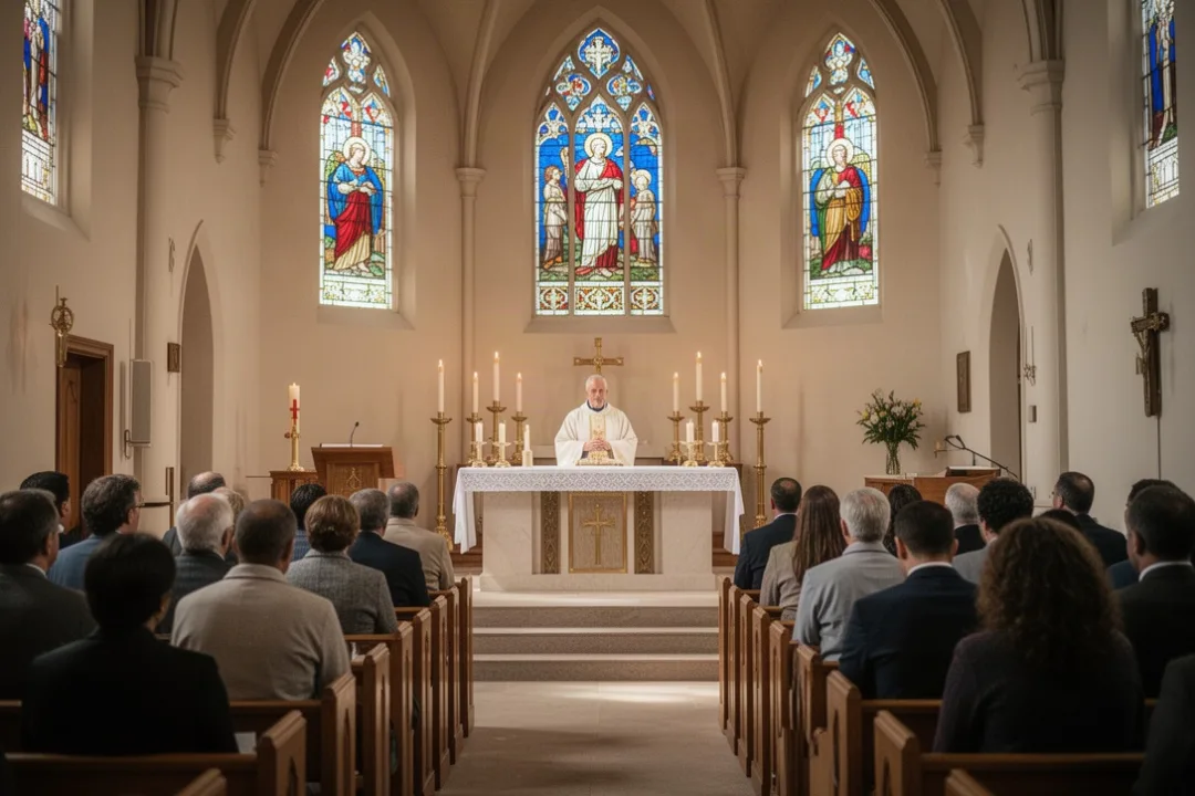 Diverse congregation attending Sunday Mass in a Roman Catholic church