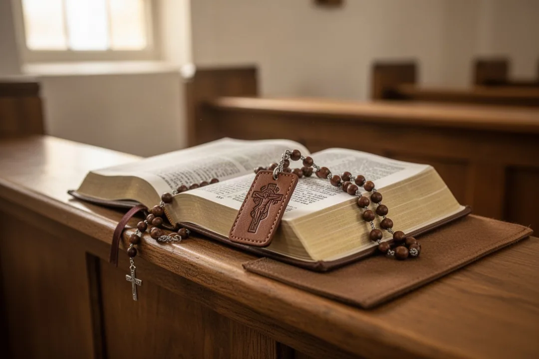 Brown scapular resting beside a prayer book and rosary