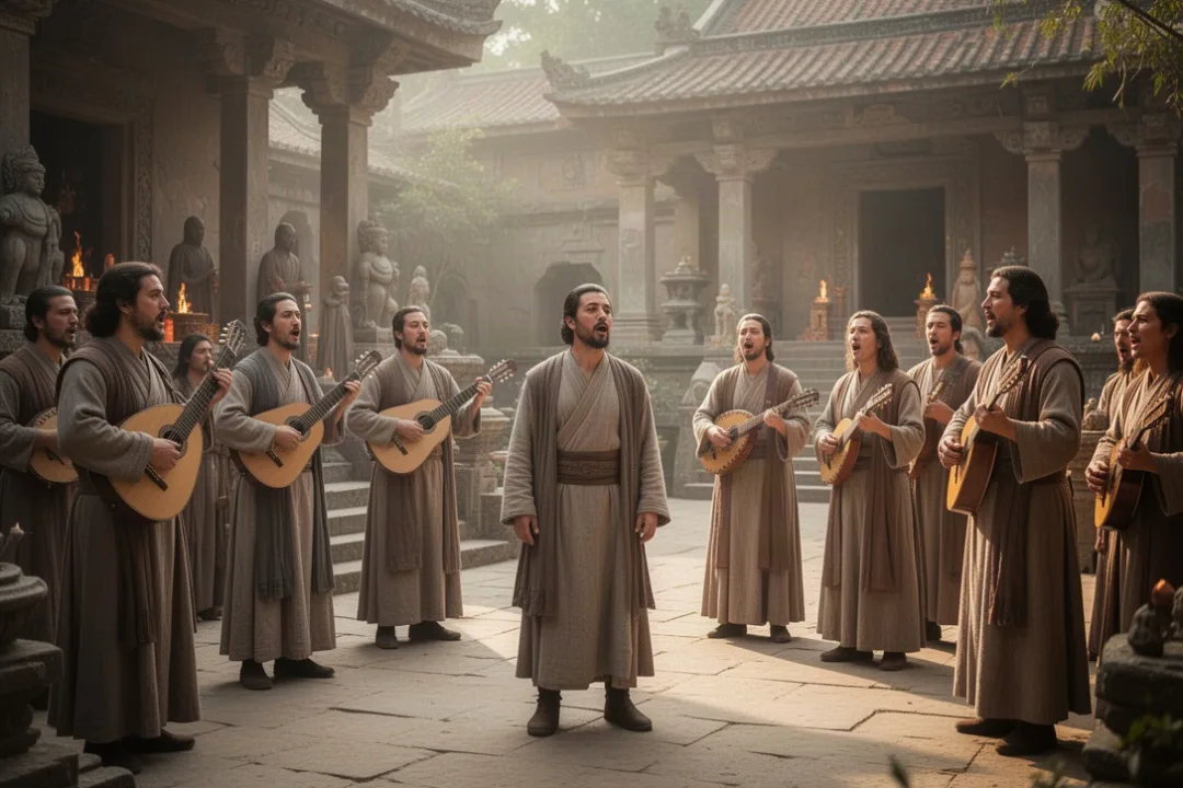 Ancient worshipers pause during a Hebrew psalm performance