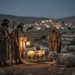 Biblical shepherds watching their flock at night near Bethlehem