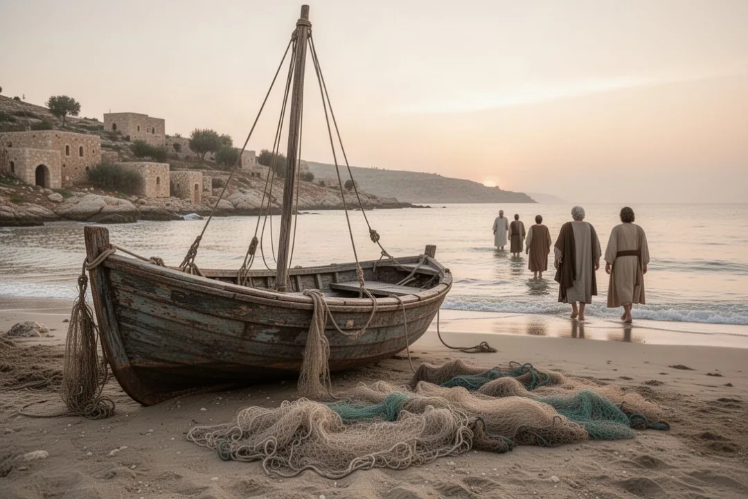 Simon Peter leaving his fishing nets to follow Jesus