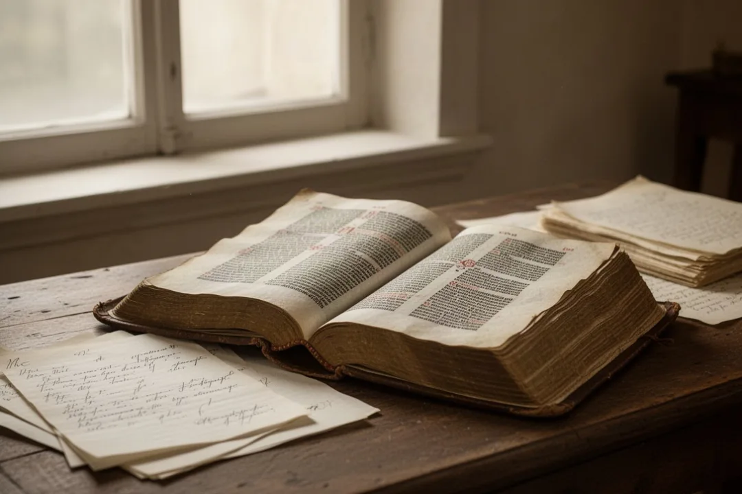 Open ancient biblical manuscript beside scholarly study materials