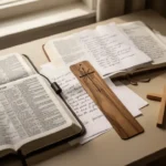 The 66 books of the Bible and what they contain Open Bible with reading notes and a wooden bookmark