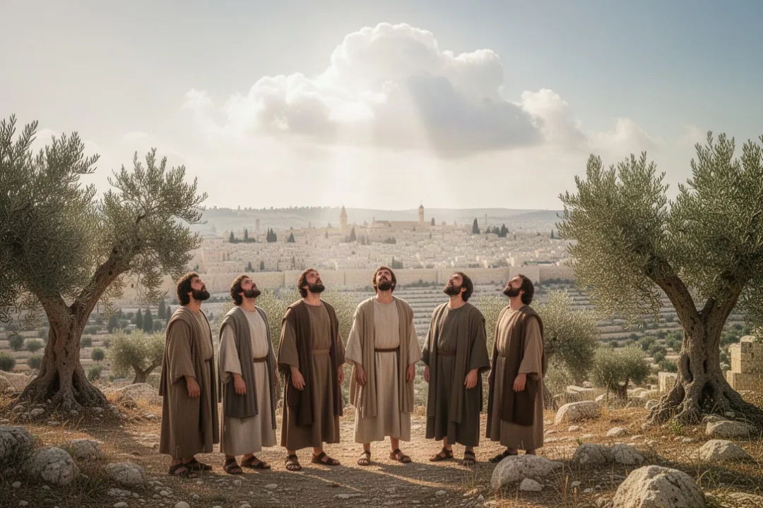 Disciples looking toward heaven after Jesus’ Ascension on a hillside