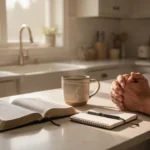 The biblical meaning of abide Open Bible, journal, and mug in a quiet morning prayer setting