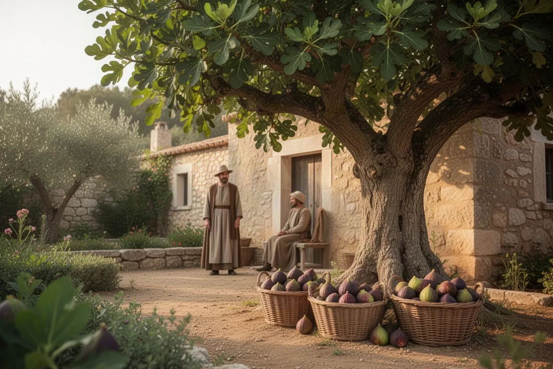 Mature fig tree providing shade beside an ancient Mediterranean home