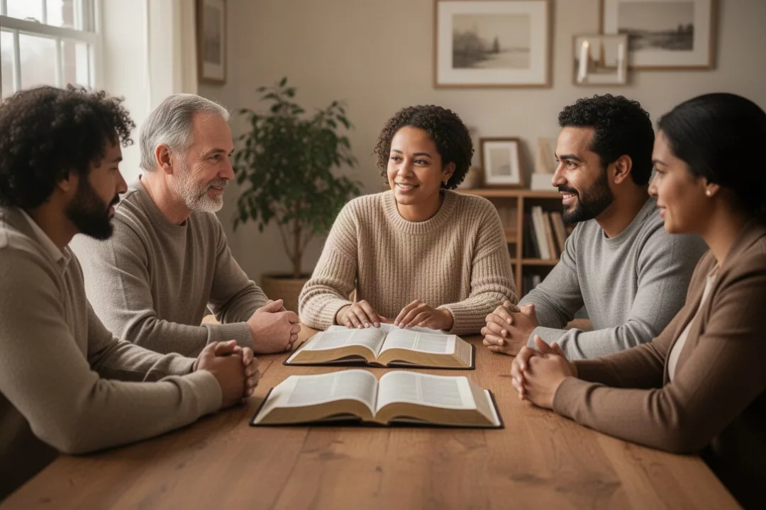 Christians studying the Bible together in a welcoming community setting
