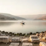 The Sea of Galilee: Geography, History, and Biblical Meaning Sea of Galilee with hills, shoreline ruins, and a distant fishing boat