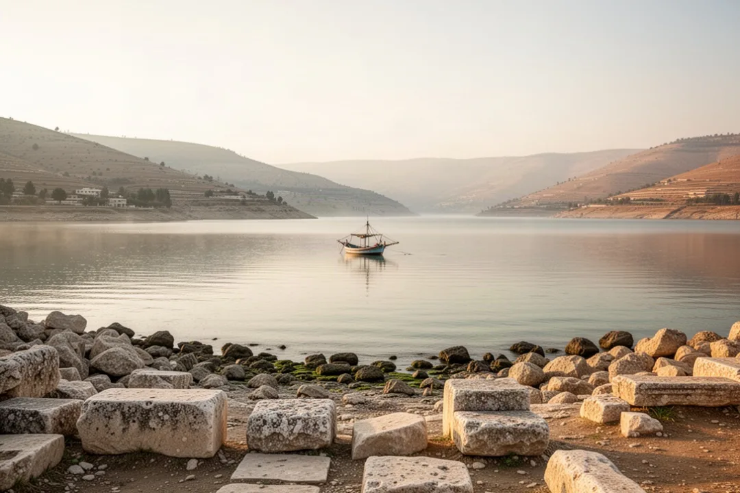 Sea of Galilee with hills, shoreline ruins, and a distant fishing boat