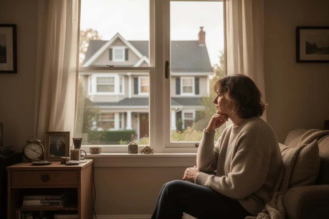Person reflecting on envy and contentment while viewing a neighbor’s home