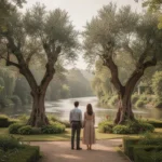 The tree of good and evil in Genesis explained Ancient garden showing two distinctive trees beside a river