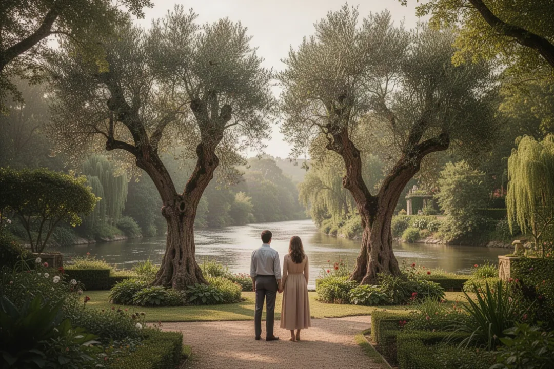 Ancient garden showing two distinctive trees beside a river
