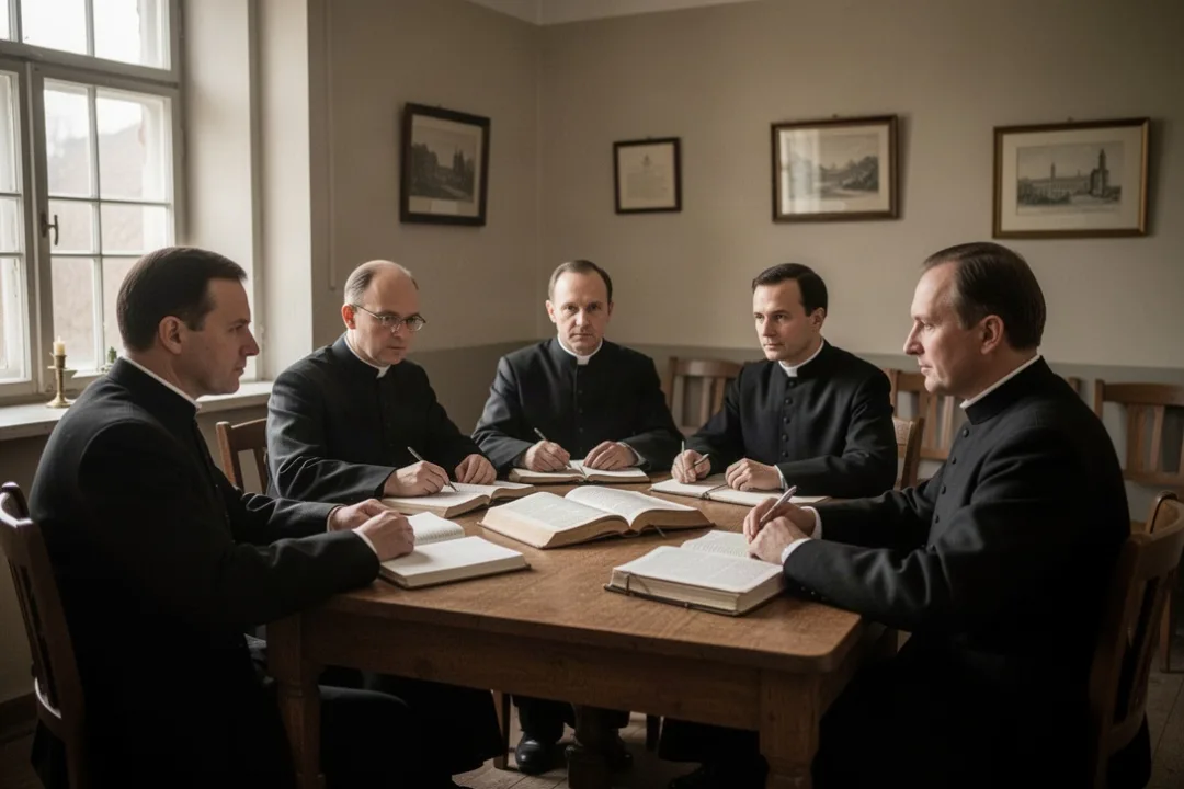 Pastors studying together in a modest German seminary room