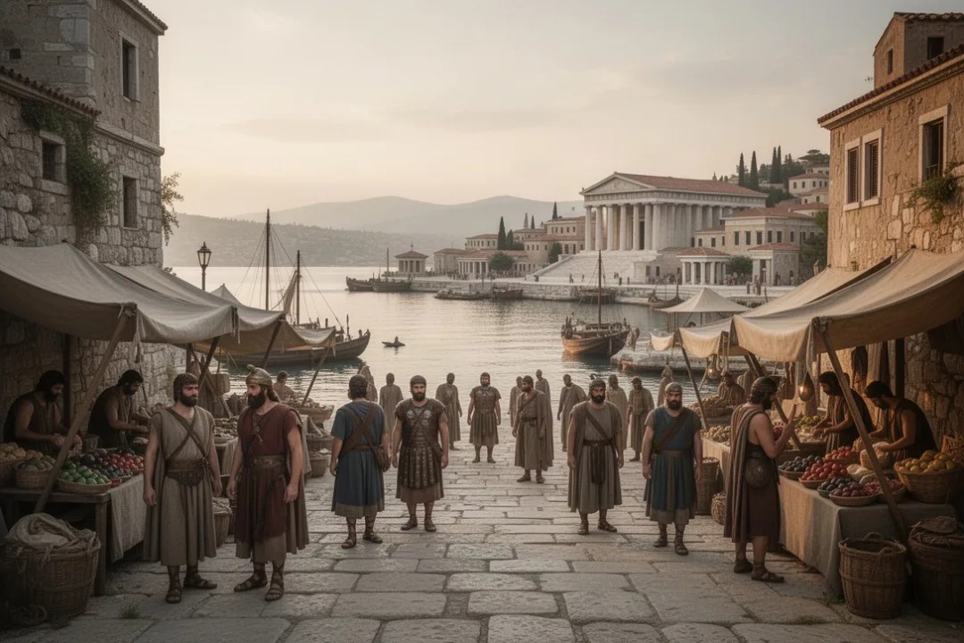 Ancient Thessalonica harbor with travelers and market activity