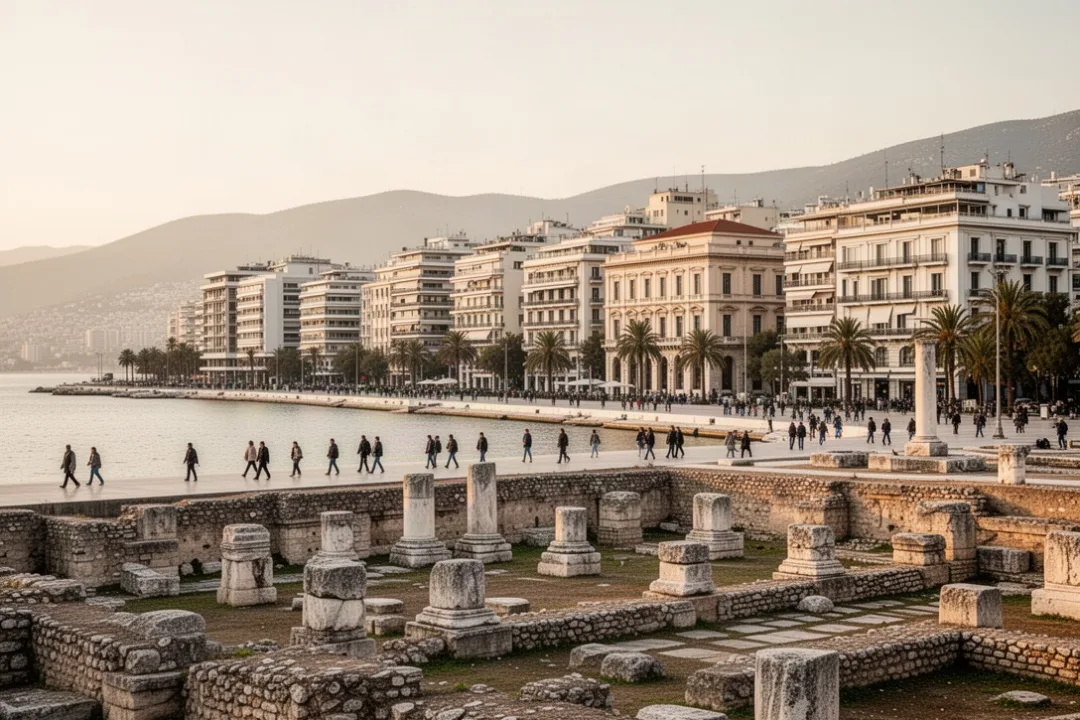 Roman ruins and modern Thessaloniki beside the Greek waterfront