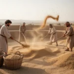 Ancient farmers winnowing grain on a windswept threshing floor