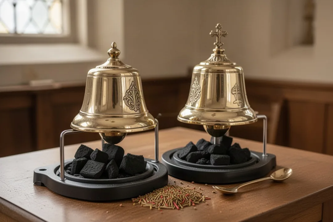 Brass thurible prepared with charcoal and incense in a church sacristy
