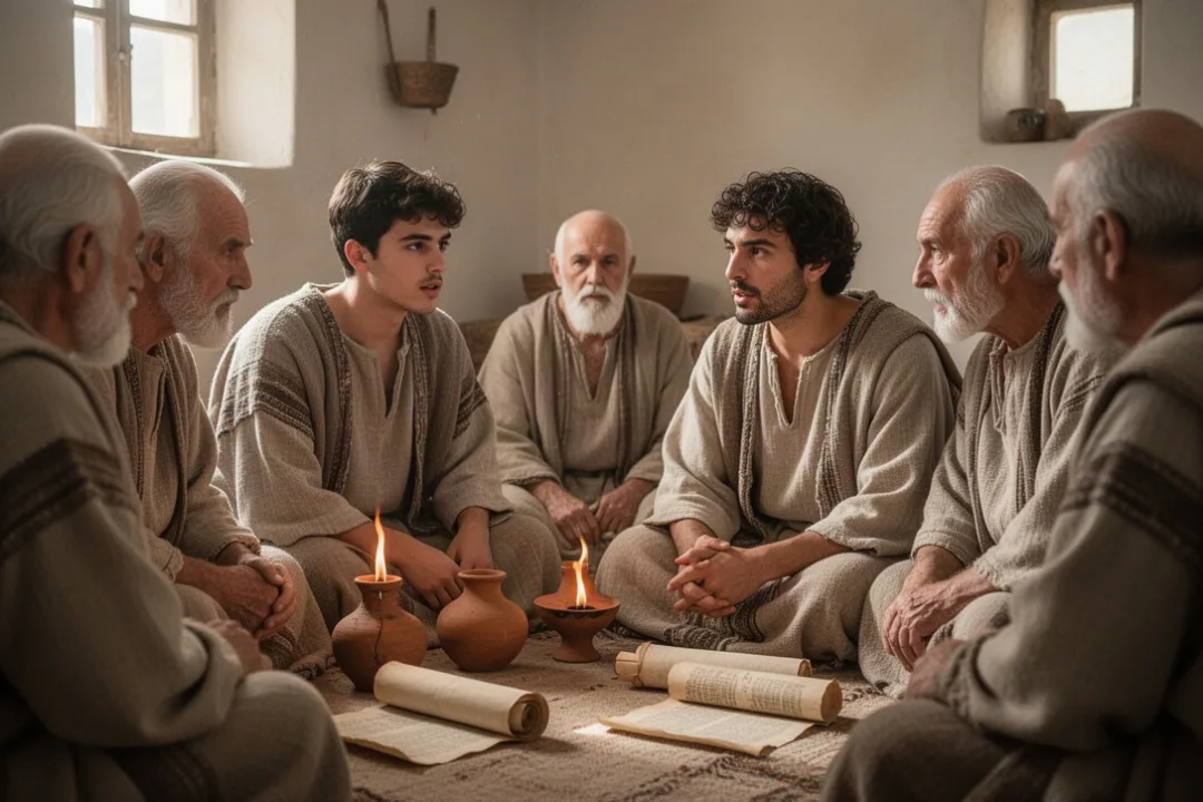 Young Timothy learning among early Christian believers in a modest house