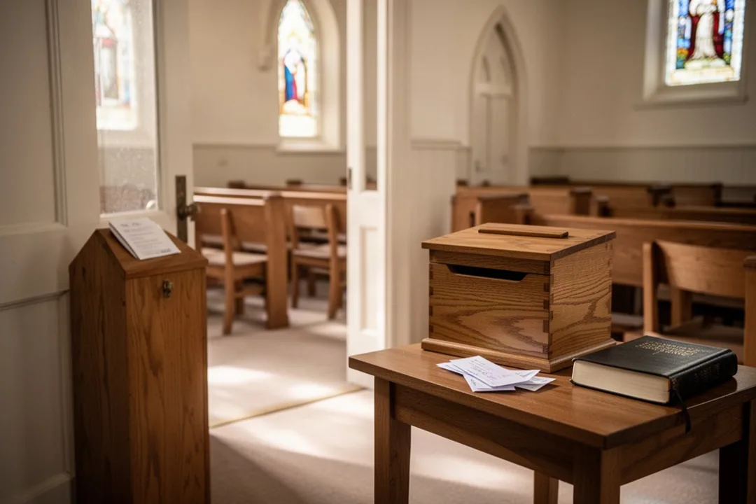 Church offering box beside a Bible in softly lit sanctuary