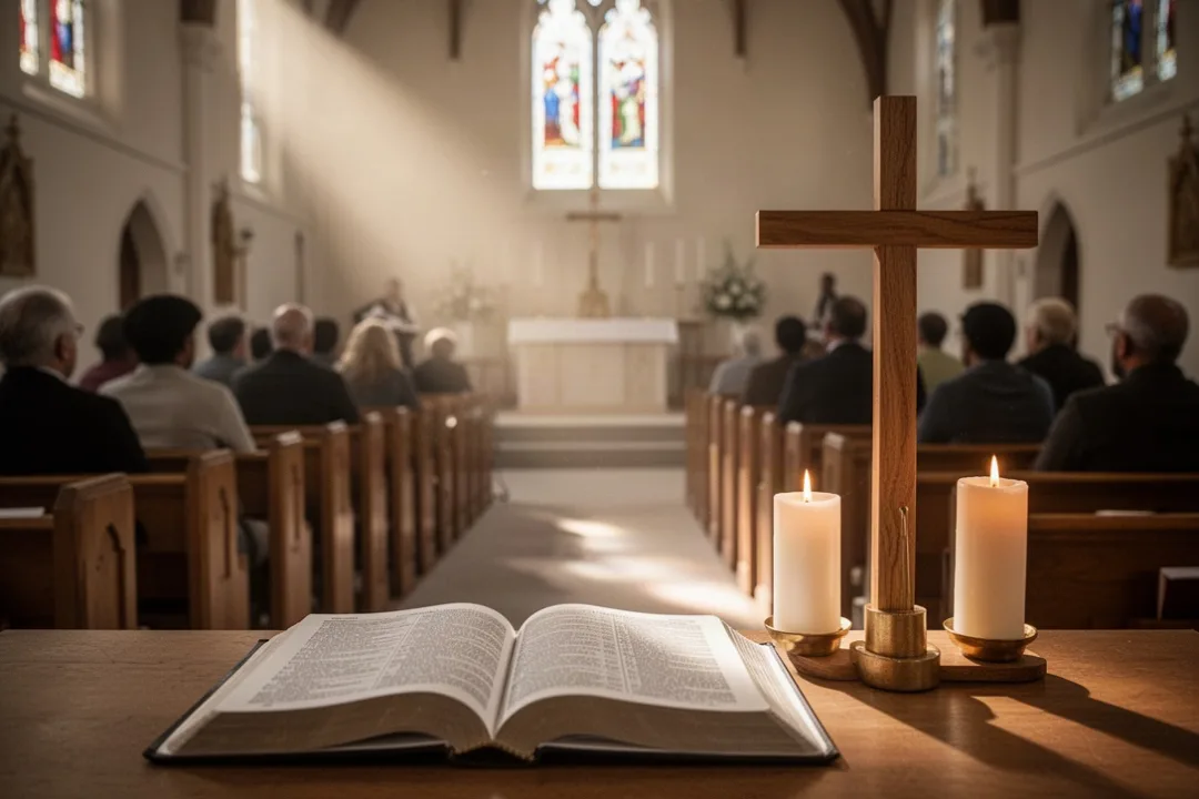 Church worship scene symbolizing Father, Son, and Holy Spirit