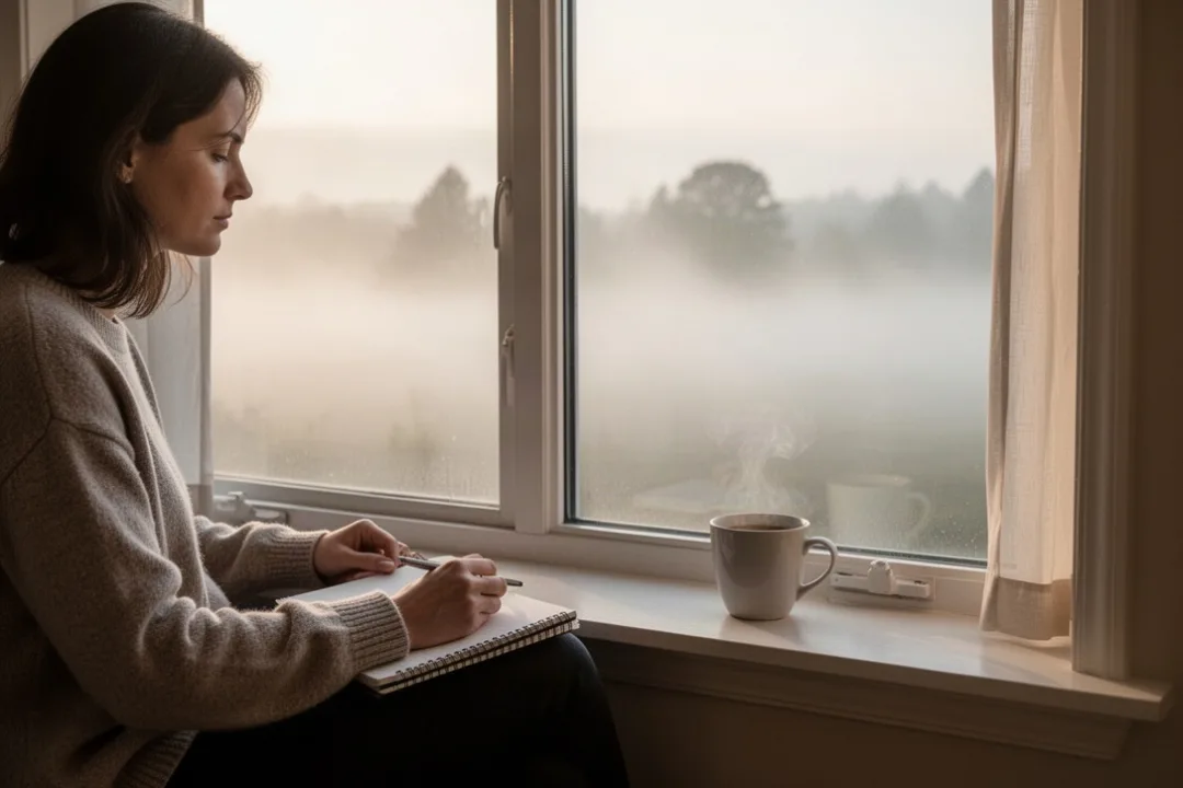 Person reflecting beside a misty window with notebook and coffee