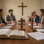 What a confession of faith means and how to write one People discussing a written confession of faith around a church study table
