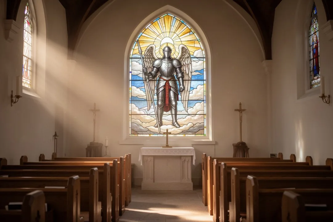 Stained-glass archangel figure illuminated inside a quiet church