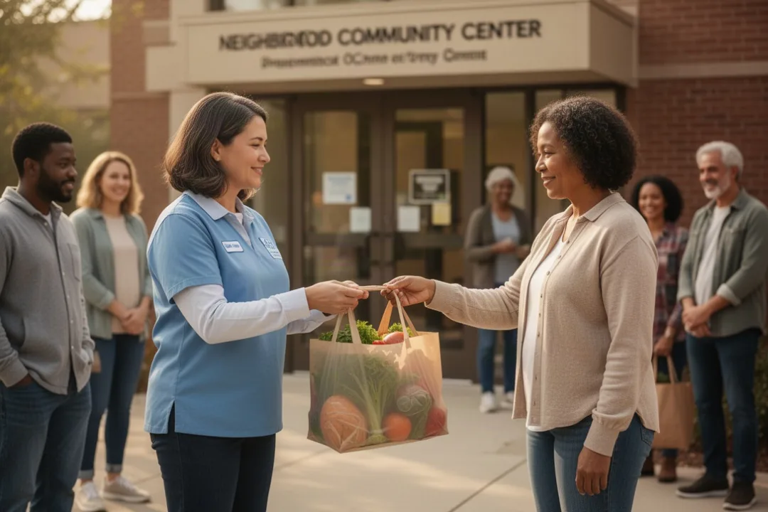 Volunteer respectfully giving groceries to a person experiencing hardship