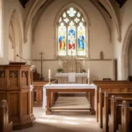 Traditional wooden pulpit beside a communion table in a church sanctuary