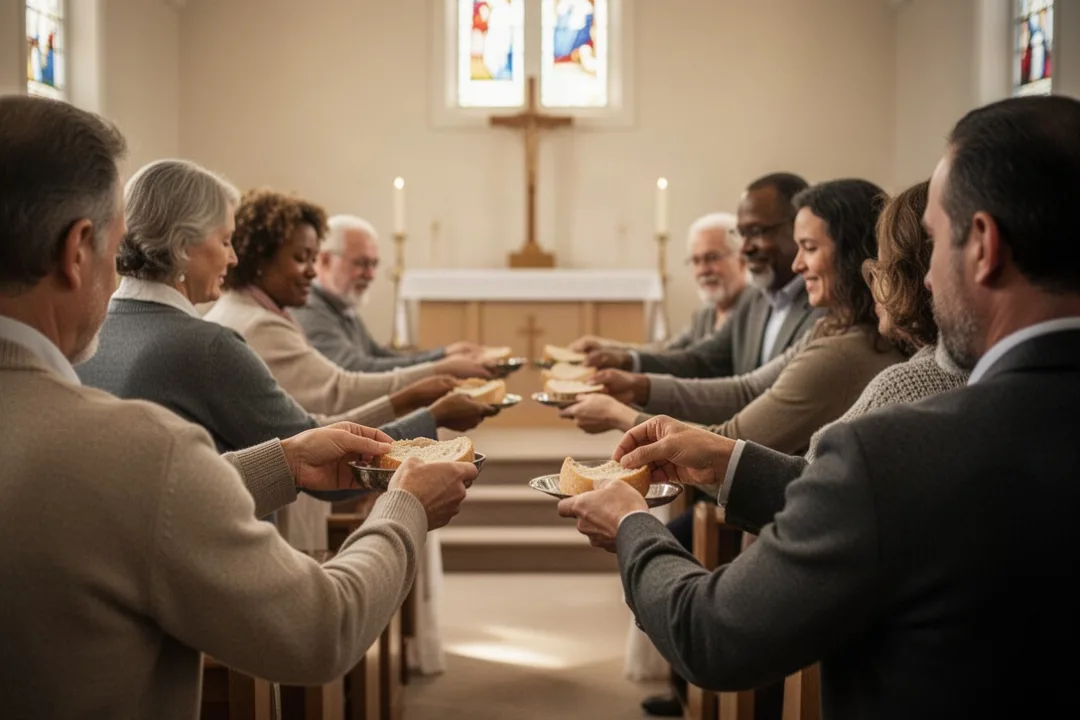 Diverse congregation sharing Communion in a sunlit church sanctuary