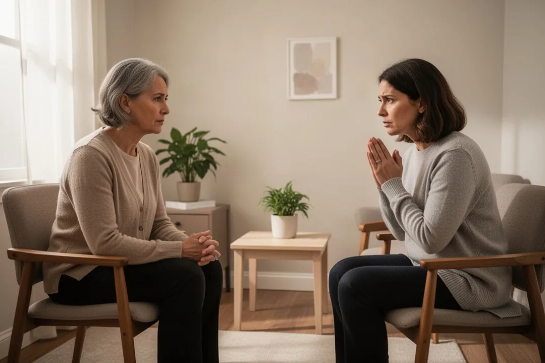 Two adults discussing a sincere apology in a quiet counseling room