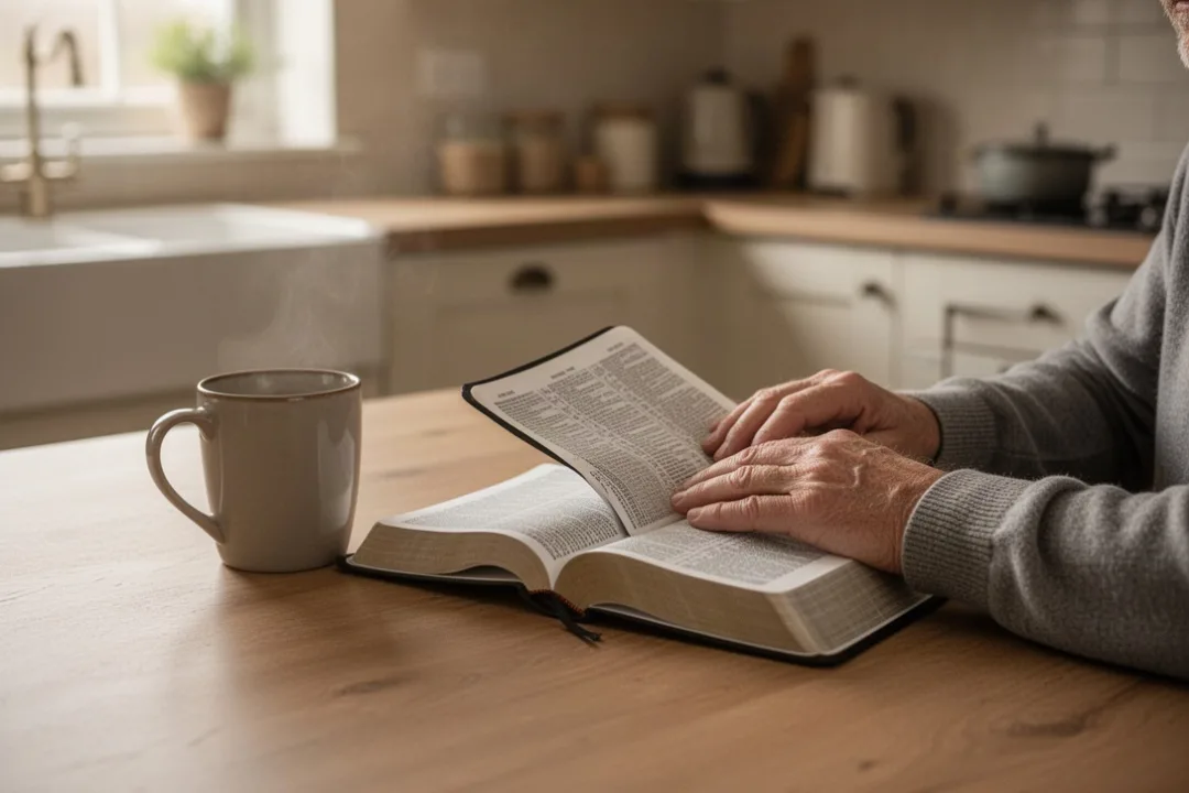 Person reading the Bible quietly at a kitchen table