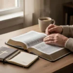 What does sanctification mean in the Bible? Christian studying the Bible during a quiet morning of spiritual growth