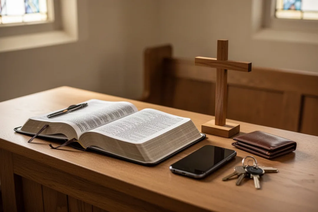 Open Bible beside everyday possessions representing modern idolatry