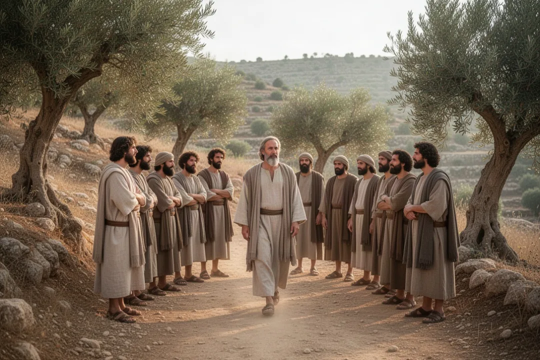 Jesus teaching diverse disciples on a Galilean hillside