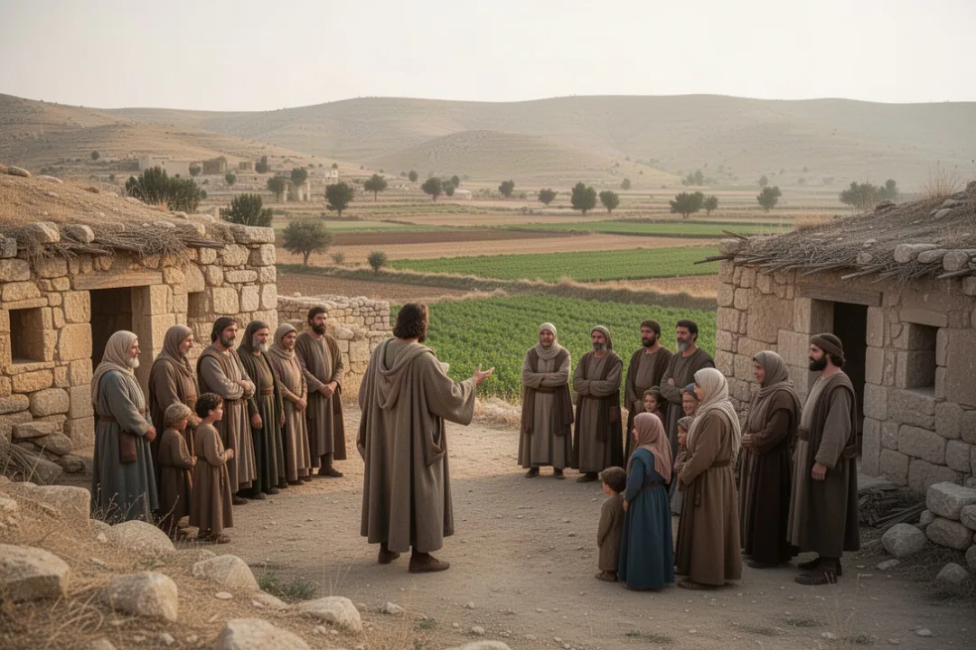 Ancient prophet addressing villagers beside a Near Eastern hillside settlement