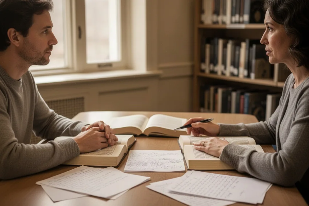 Two adults discussing faith and philosophy with books in a quiet library