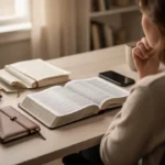What is lust in the Bible? Meaning and guidance Open Bible and journal beside a phone turned face down