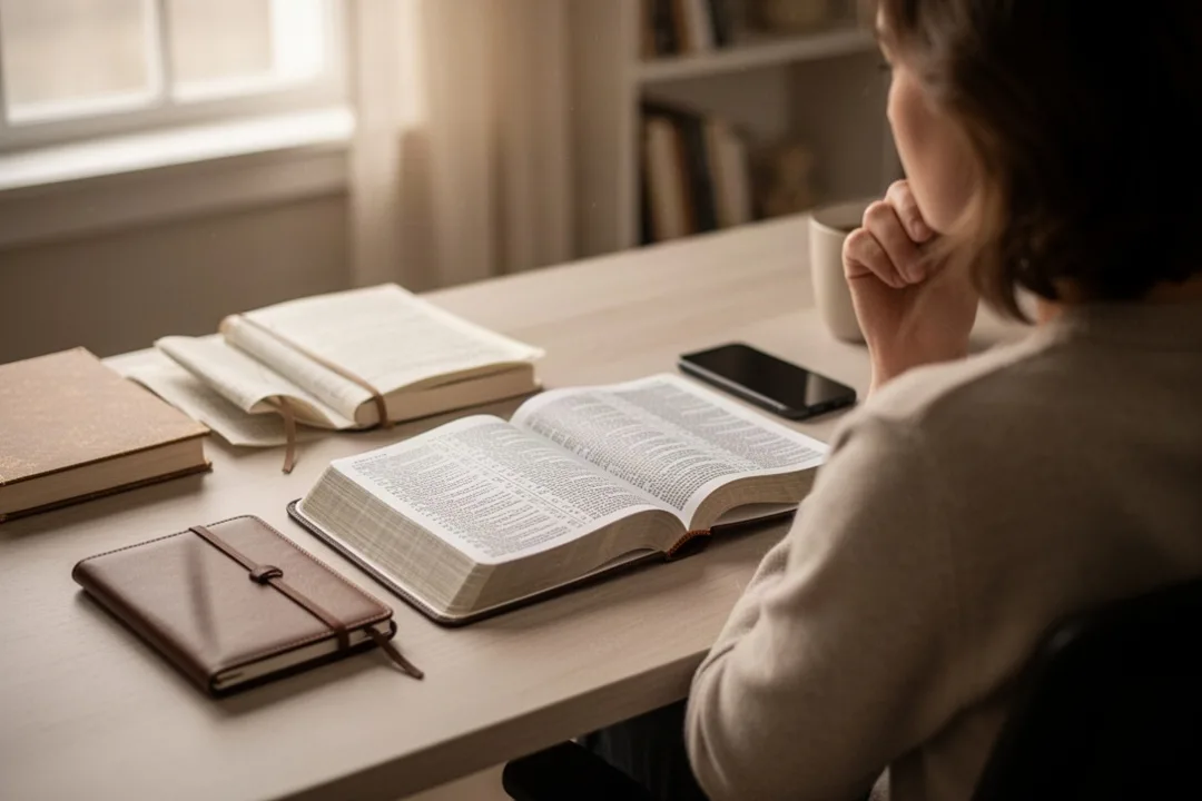 Open Bible and journal beside a phone turned face down