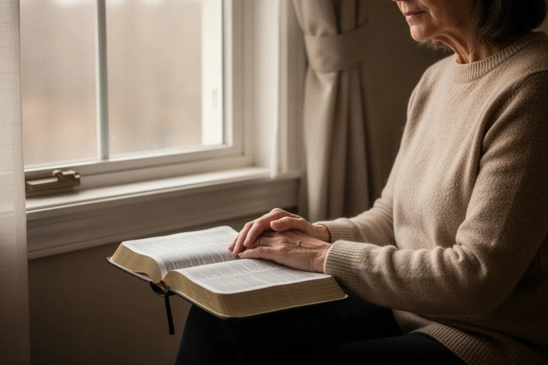 Person reflecting beside an open Bible in quiet morning light