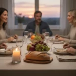 Family sharing a candlelit Sabbath meal before sunset