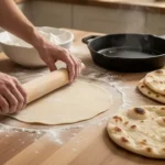 Hands preparing thin unleavened flatbread beside a hot skillet