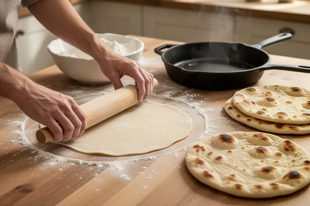 Hands preparing thin unleavened flatbread beside a hot skillet